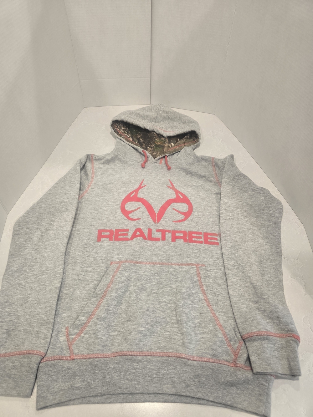 Realtree Gray Sweatshirt with Pink Logo and Camo-Lined Hood